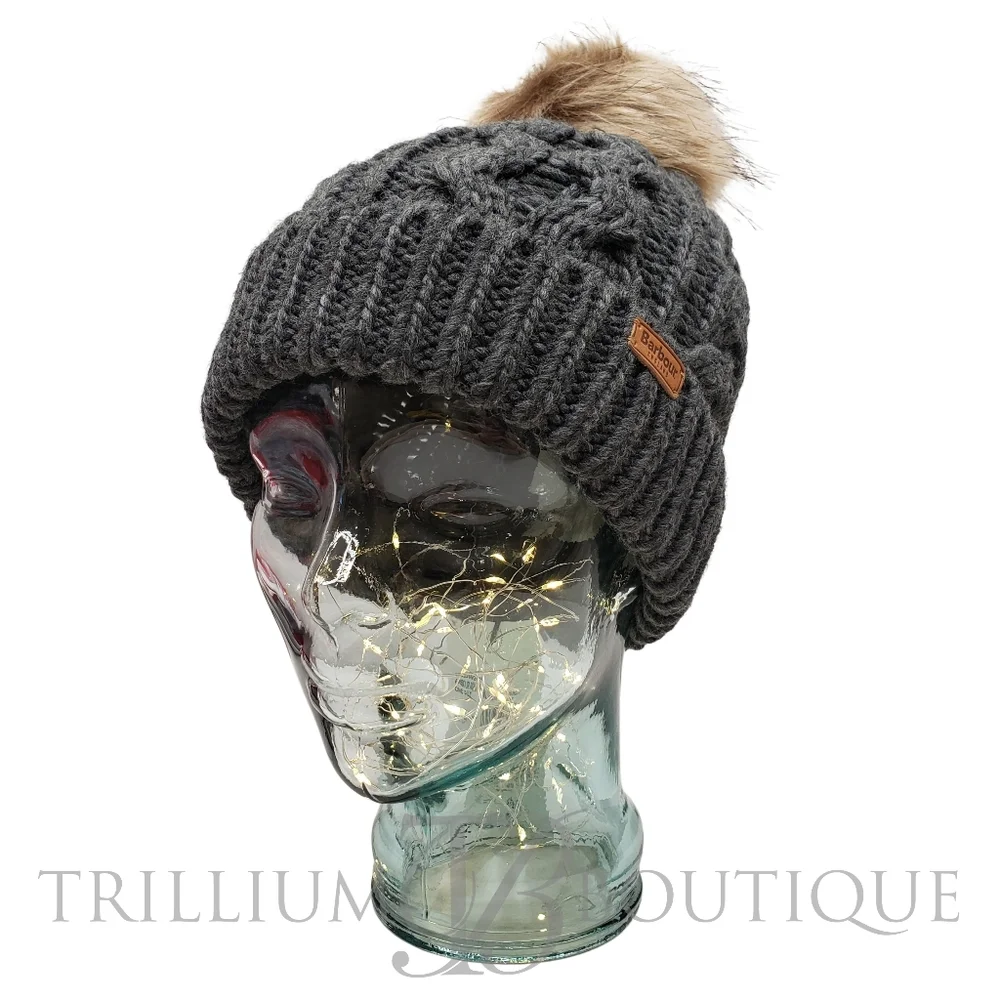 Barbour Hat Beanie Penshaw Cable-Knit Charcoal Faux Fur Pom Cottagecore Outdoor